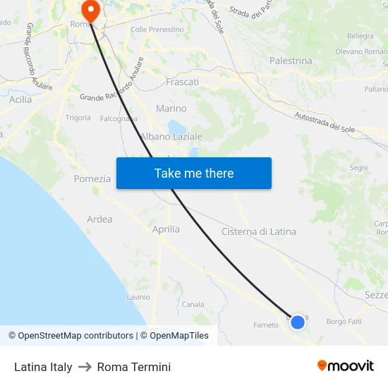 Latina Italy to Roma Termini map
