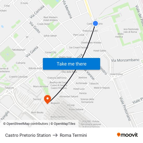 Castro Pretorio Station to Roma Termini map