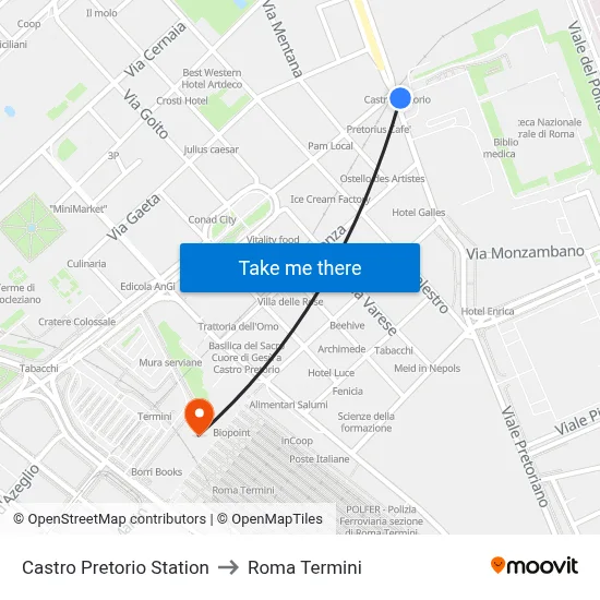 Castro Pretorio Station to Roma Termini map