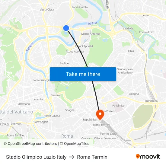 Stadio Olimpico Lazio Italy to Roma Termini map