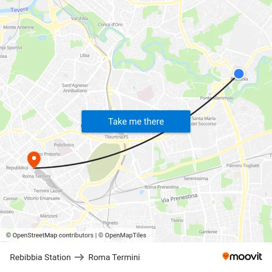 Rebibbia Station to Roma Termini map