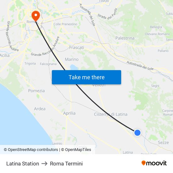 Latina Station to Roma Termini map