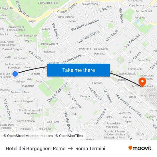 Hotel dei Borgognoni Rome to Roma Termini map