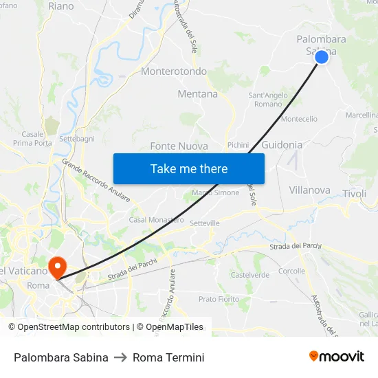 Palombara Sabina to Roma Termini map