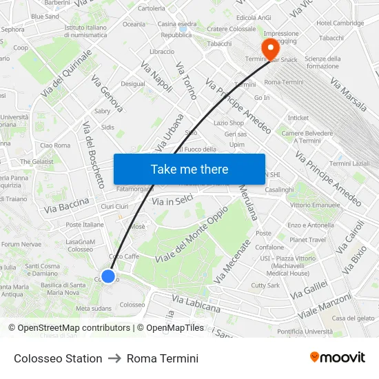 Colosseo Station to Roma Termini map