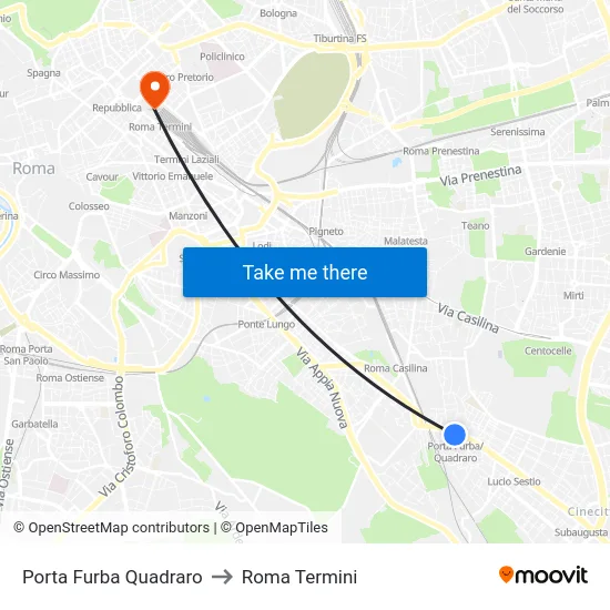 Porta Furba Quadraro to Roma Termini map