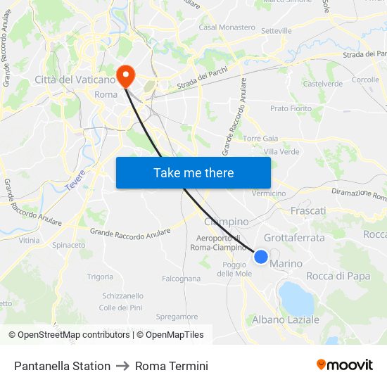 Pantanella Station to Roma Termini map