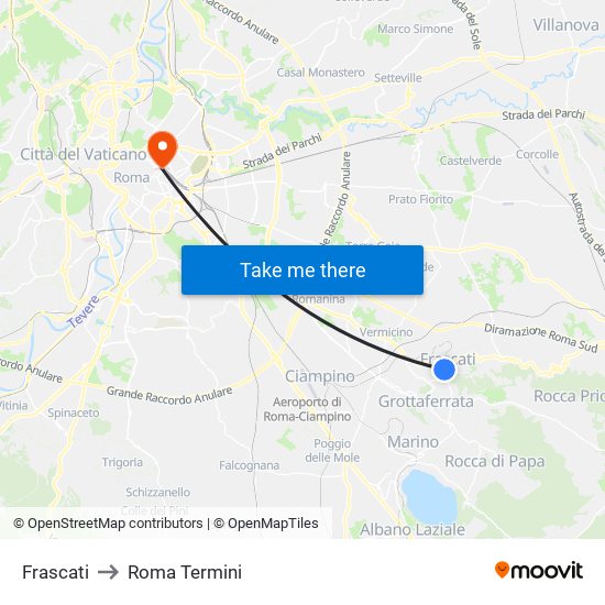 Frascati to Roma Termini map