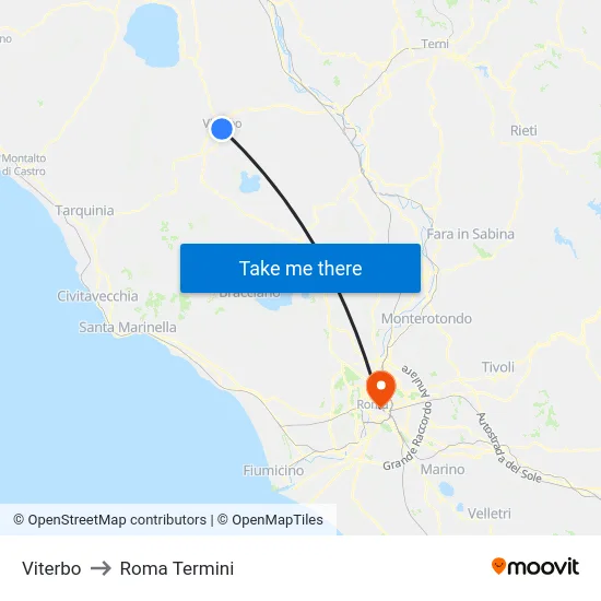 Viterbo to Roma Termini map