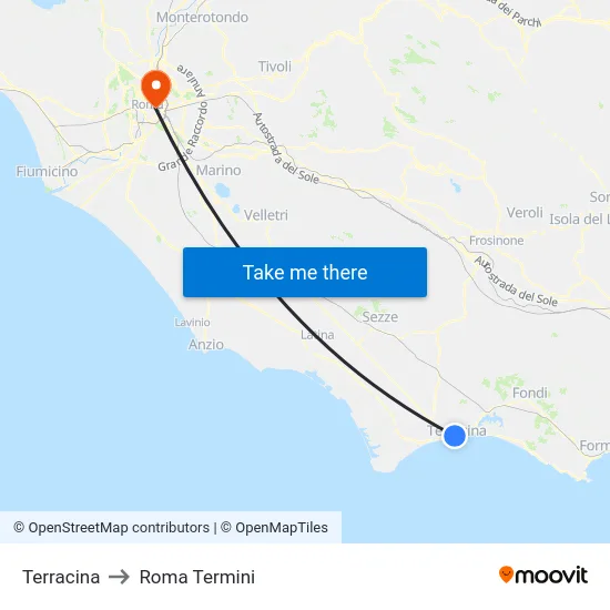 Terracina to Roma Termini map