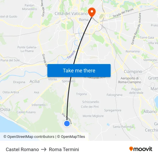 Castel Romano to Roma Termini map