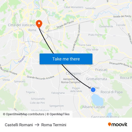 Castelli Romani to Roma Termini map