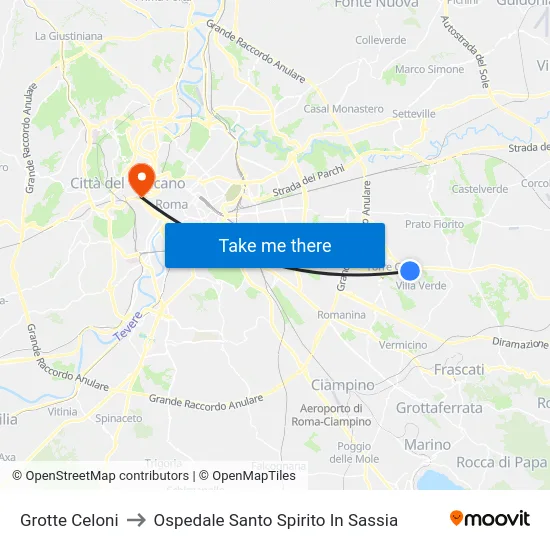 Grotte Celoni to Ospedale Santo Spirito In Sassia map