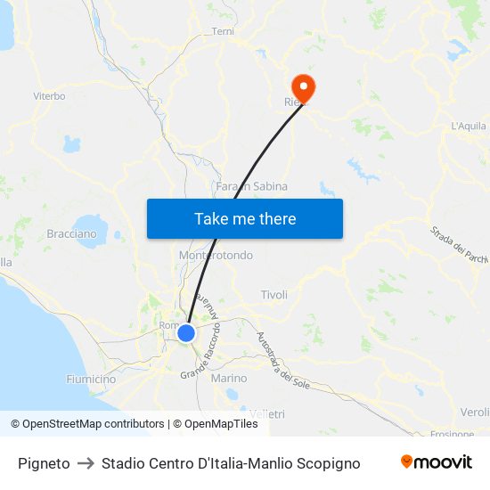 Pigneto to Stadio Centro D'Italia-Manlio Scopigno map