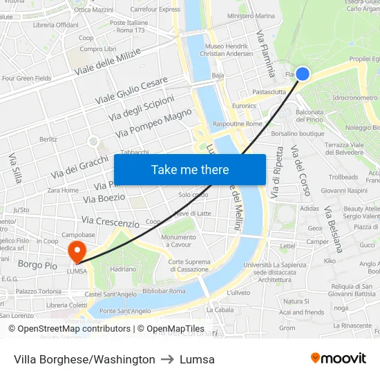 Villa Borghese/Washington to Lumsa map