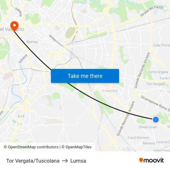 Tor Vergata/Tuscolana to Lumsa map