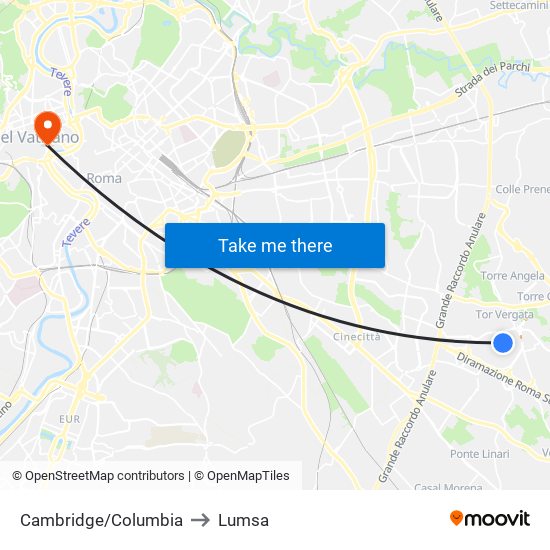 Cambridge/Columbia to Lumsa map