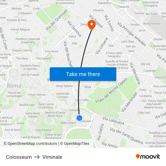 Colosseum to Viminale map