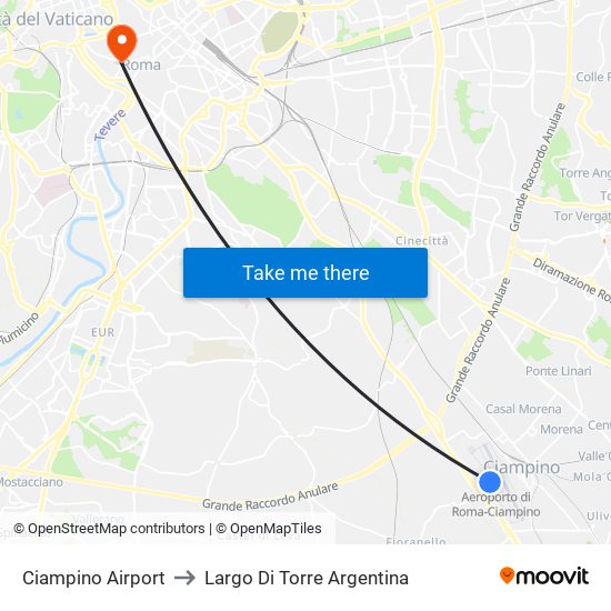 Ciampino Airport to Largo Di Torre Argentina map