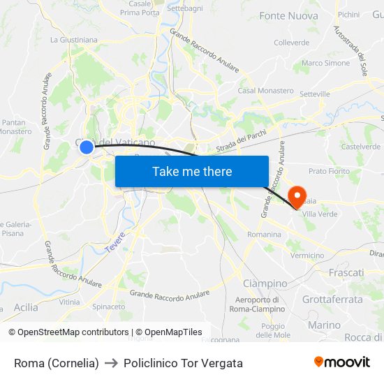 Roma (Cornelia) to Policlinico Tor Vergata map