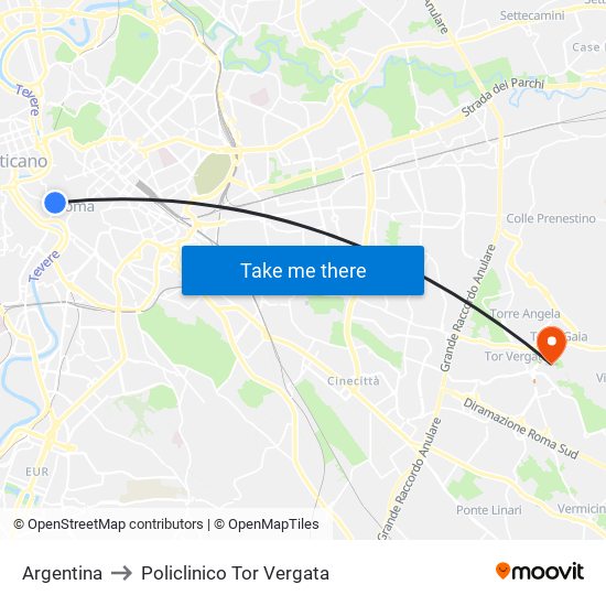 Argentina to Policlinico Tor Vergata map