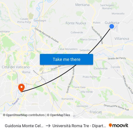 Guidonia Monte Celio - Sant'Angelo to Università Roma Tre - Dipartimento Di Ingegneria map