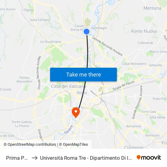 Prima Porta to Università Roma Tre - Dipartimento Di Ingegneria map