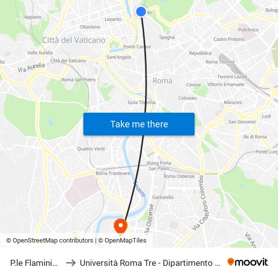 P.le Flaminio (Ma) to Università Roma Tre - Dipartimento Di Ingegneria map