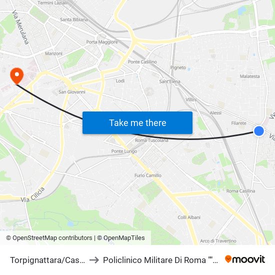 Torpignattara/Casilina to Policlinico Militare Di Roma ""Celio"" map