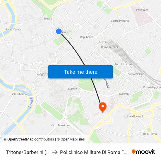 Tritone/Barberini (Ma) to Policlinico Militare Di Roma ""Celio"" map