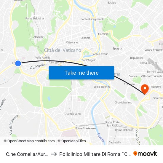 C.ne Cornelia/Aurelia to Policlinico Militare Di Roma ""Celio"" map