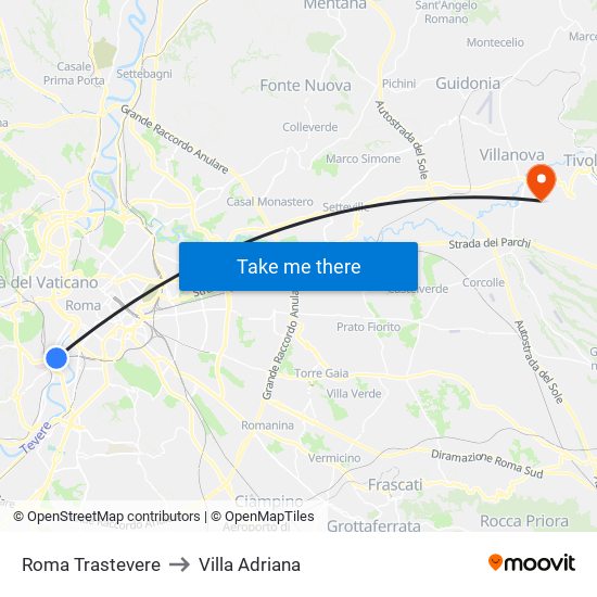 Roma Trastevere to Villa Adriana map