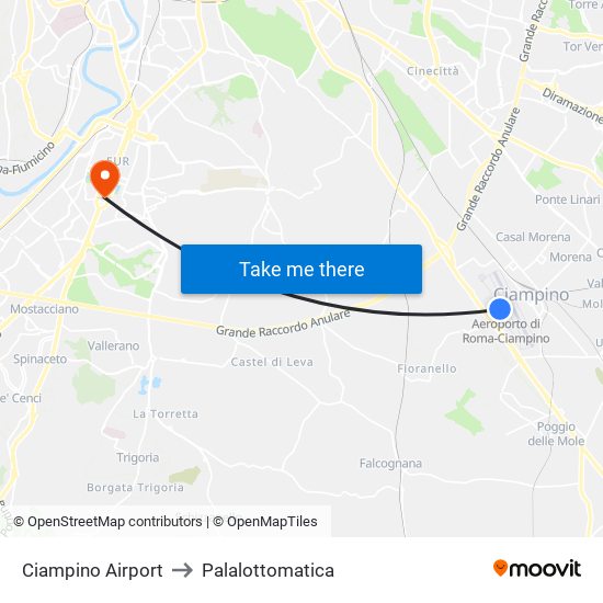 Ciampino Airport to Palalottomatica map