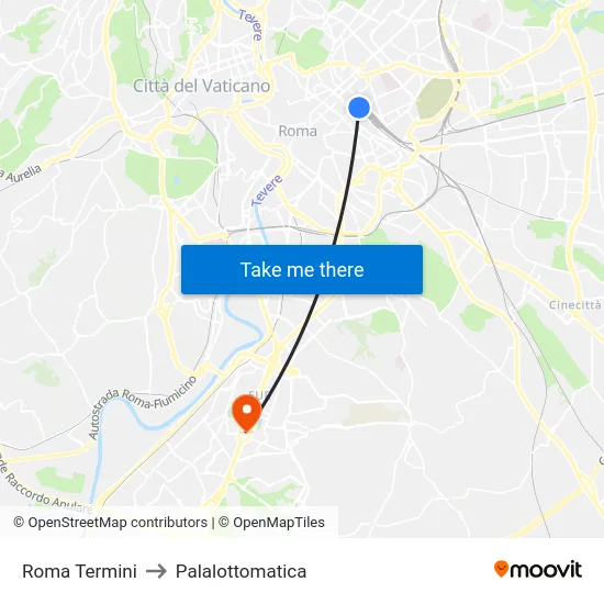 Roma Termini to Palalottomatica map