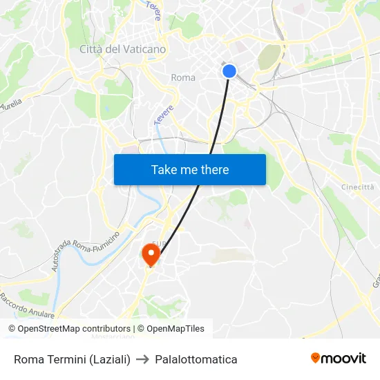 Roma Termini (Laziali) to Palalottomatica map