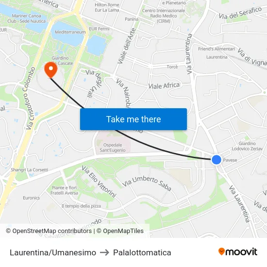 Laurentina/Umanesimo to Palalottomatica map