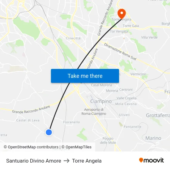 Santuario Divino Amore to Torre Angela map