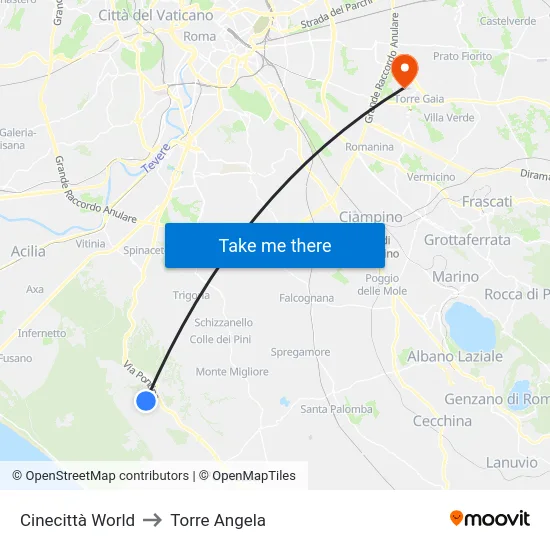 Cinecittà World to Torre Angela map