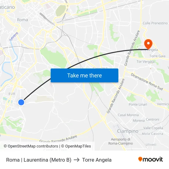 Roma | Laurentina (Metro B) to Torre Angela map