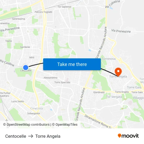 Centocelle to Torre Angela map