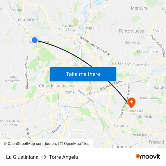 La Giustiniana to Torre Angela map