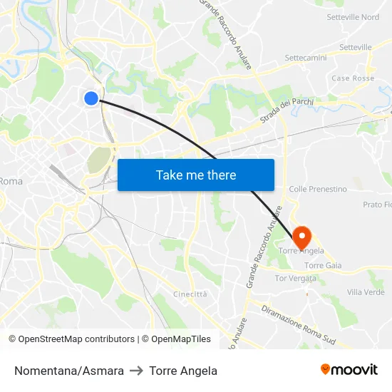 Nomentana/Asmara to Torre Angela map