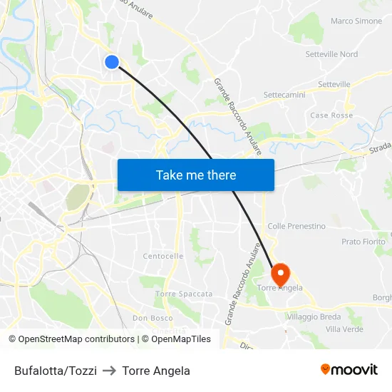 Bufalotta/Tozzi to Torre Angela map