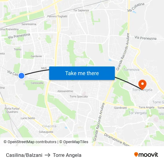 Casilina/Balzani to Torre Angela map