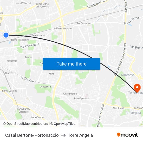 Casal Bertone/Portonaccio to Torre Angela map
