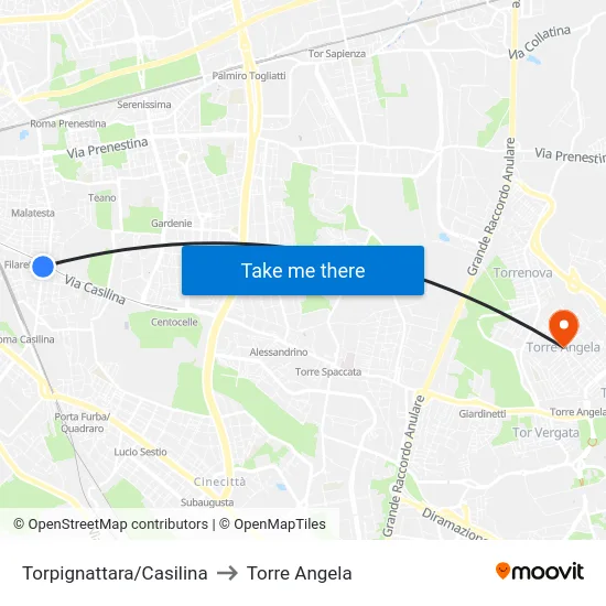Torpignattara/Casilina to Torre Angela map