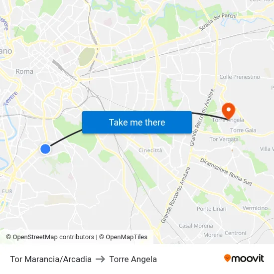 Tor Marancia/Arcadia to Torre Angela map