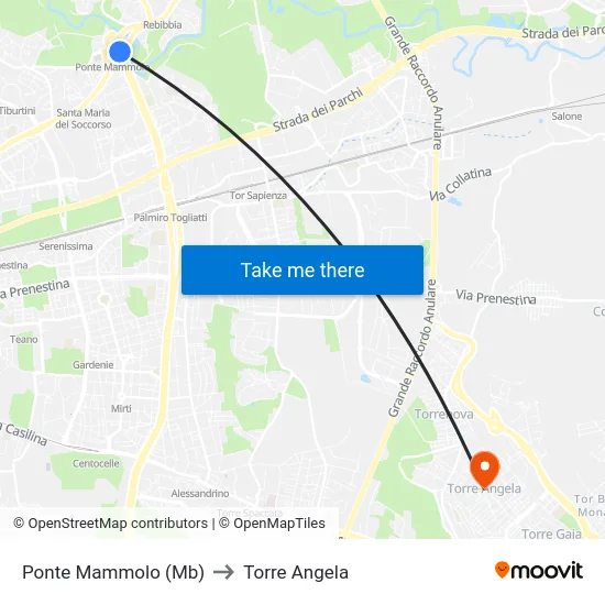 Ponte Mammolo (Mb) to Torre Angela map