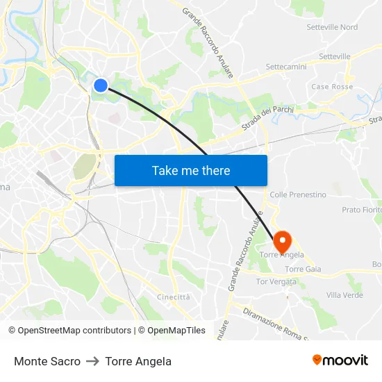 Monte Sacro to Torre Angela map