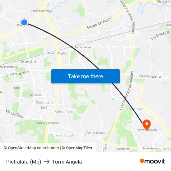 Pietralata (Metro B) to Torre Angela map